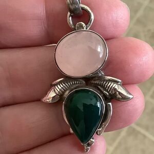 STERLING SILVER 925 PINK QUARTZ/GREEN ONYX LARGE PENDANT​